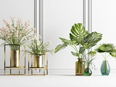 Vase Flowers With Gold Frame Pink White Blooms Green Monstera Leaves In White Wall Background 3d model