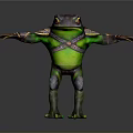 3D Frog Character With Green Body Armored Design Yellow Eyes And Outstretched Limbs
