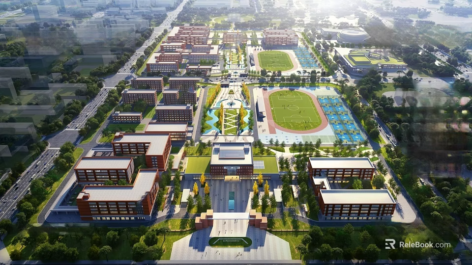 Modern School Campus Buildings With Sports Field Green Spaces and Academic Facilities 3d model 