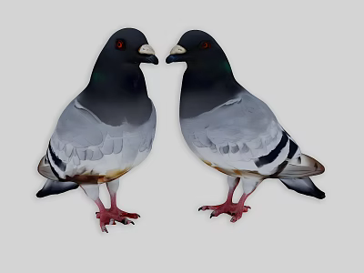 Two Pigeons With Gray Black Feathers Red Eyes Standing Side By Side On Gray Background 3d model