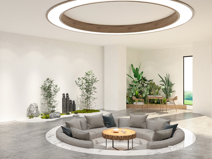 Modern Circular Lounge Area With Round Sofa Coffee Table And Indoor Plants 3d model 