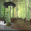 Lush Bamboo Forest Walkway With Green Pillars Water Reflection And People Strolling