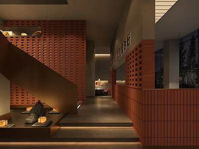 Elegant Modern Restaurant Interior With Wooden Staircase And Red Brick Walls 3d model