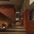 Elegant Modern Restaurant Interior With Wooden Staircase And Red Brick Walls