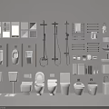 Modern Bathroom Set With Toilets Sinks Mirrors Shower Fixtures And Towel Racks