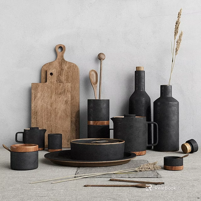 Minimalist Ceramic Tableware Set With Wooden Cutting Boards Mugs Bowls And Vases 3d model 