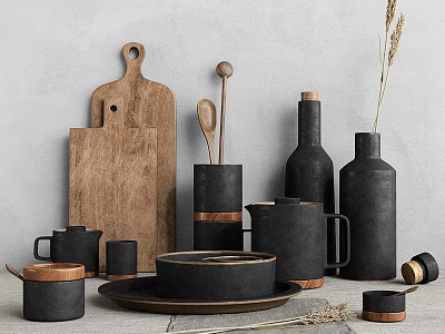 Minimalist Ceramic Tableware Set With Wooden Cutting Boards Mugs Bowls And Vases 3d model