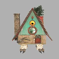 Cartoon Style House With Red Roof Green Walls Round Window Claw Legs And Pine Tree