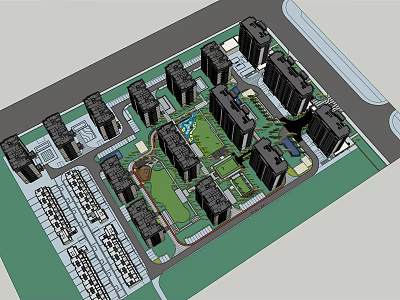 Residential Community Layout with High Rise Buildings Central Green Space Roads and Facilities 3d model