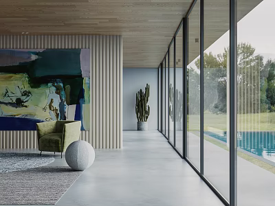 Modern Interior With Wooden Wall Large Glass Windows Green Armchair Abstract Painting And Outdoor Pool 3d model