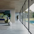 Modern Interior With Wooden Wall Large Glass Windows Green Armchair Abstract Painting And Outdoor Pool