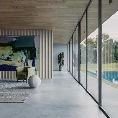 Modern Interior With Wooden Wall Large Glass Windows Green Armchair Abstract Painting And Outdoor Pool 3d model