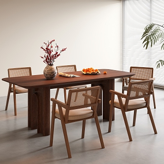 Solid Wood Dining Table and Chair Combination Rectangular Rattan Dining Chair Vase Ornaments 3d model