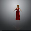Woman In Red Long Dress With Golden Headdress Holding Yellow Objects On Gray Background