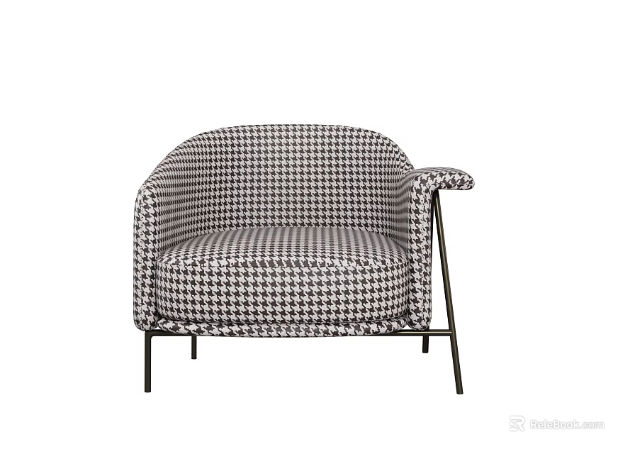 Modern Black and White Houndstooth Pattern Single Seater Sofa With Armrest And Metal Legs 3d model 