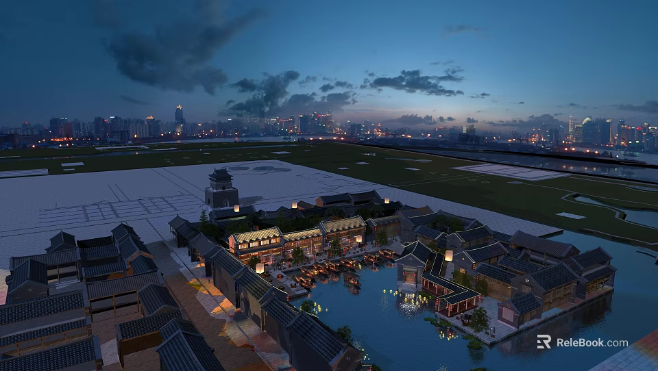 Scenic Traditional Commercial Street With Ancient Architecture Water Canal Night Lighting Modern City Skyline 3d model 