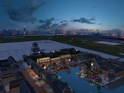 Scenic Traditional Commercial Street With Ancient Architecture Water Canal Night Lighting Modern City Skyline 3d model
