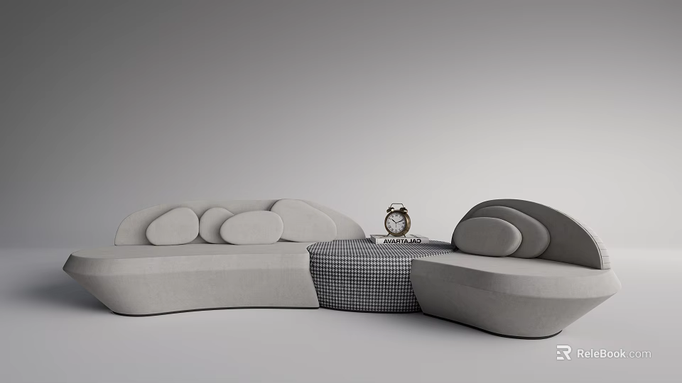 Modern Light Gray Sectional Sofa with Side Table Clock and Checkered Pattern in Living Room 3d model 
