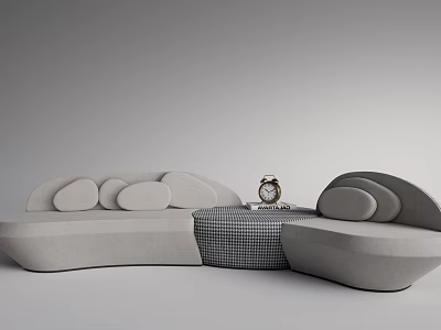 Modern Light Gray Sectional Sofa with Side Table Clock and Checkered Pattern in Living Room 3d model