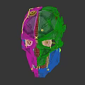 Futuristic Character Wearing Metallic Biomechanical Mask With Silver Red And Gold Intricate Accents
