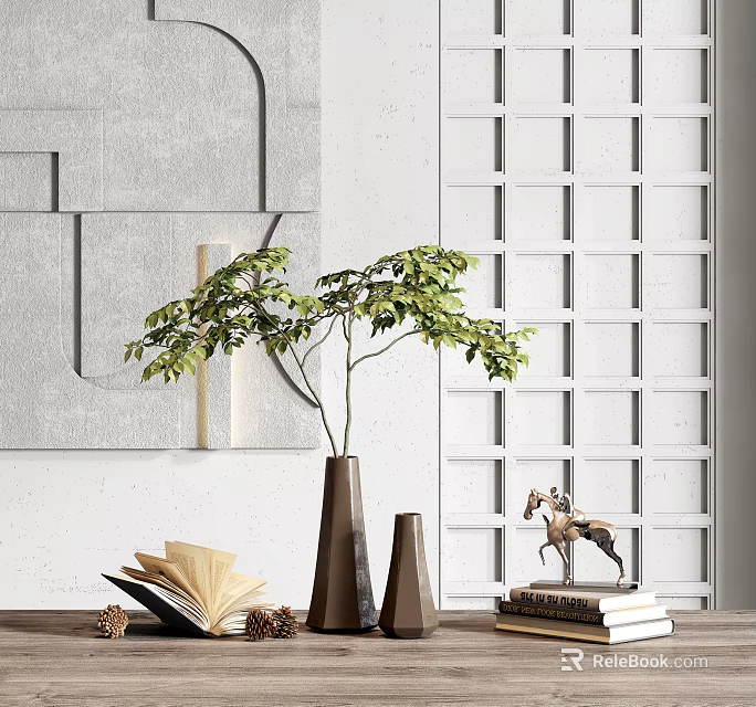 Elegant Modern Decorative Ornament Set With Ceramic Vase Leafy Plant And Books 3d model 