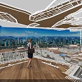 Urban Exhibition Hall With City Models Visitors Ceiling Design And Cityscape Backdrop