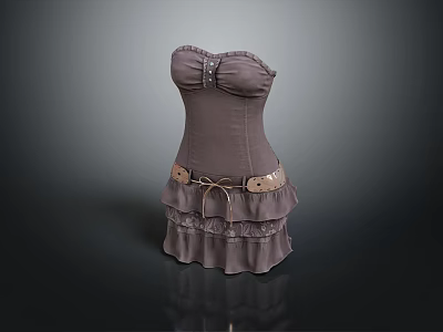 Chic Gray Strapless Dress With Ruffled Skirt And Decorative Belt 3d model