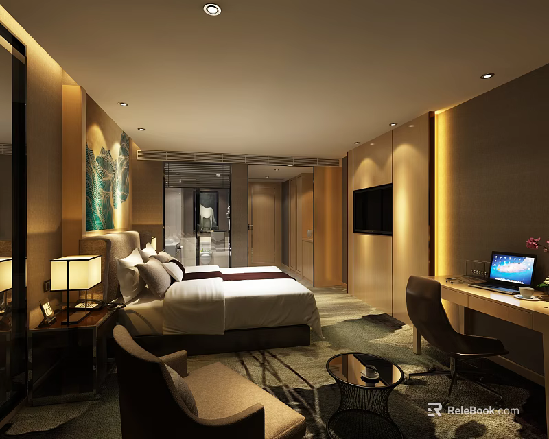 Hotel Room Interior With Comfortable Bed Sofa Desk TV Lamp And Decorative Painting 3d model 