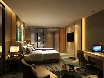 Hotel Room Interior With Comfortable Bed Sofa Desk TV Lamp And Decorative Painting 3d model