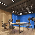 Public Office Space With Green Backdrop Wall Camera Equipment Tripod Lights And Wooden Panel Walls