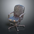 Vintage Worn Leather Office Chair With Armrests And Metal Wheel Base