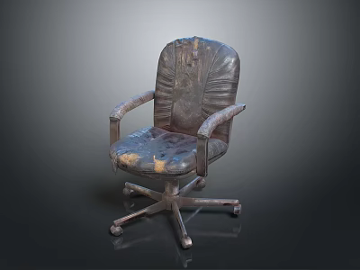 Vintage Worn Leather Office Chair With Armrests And Metal Wheel Base 3d model