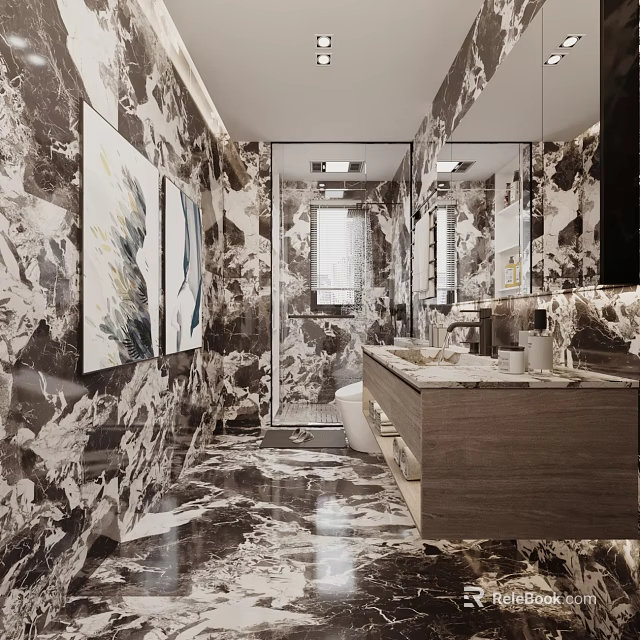 Modern Bathroom Interior Design With Marble Walls Large Mirrors And Wooden Vanity 3d model 