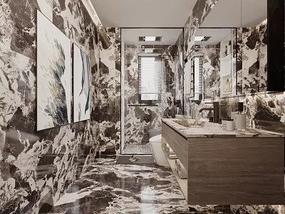 Modern Bathroom Interior Design With Marble Walls Large Mirrors And Wooden Vanity 3d model