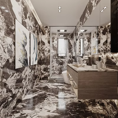 Modern Bathroom Interior Design With Marble Walls Large Mirrors And Wooden Vanity 3d model
