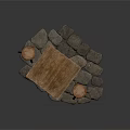 Rustic Wooden Table And Stools Set On Natural Stone Pavement For Outdoor Furniture