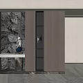 Modern Entryway Cabinet And Side Cabinet Design With Shelves Lighting And Stone Wall