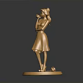 Golden Female Statue Standing On Circular Base With Hand Near Face