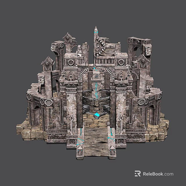 Cartoon Ancient Stone Ruins Scene With Pillars Arched Doorways And Blue Gem 3d model 