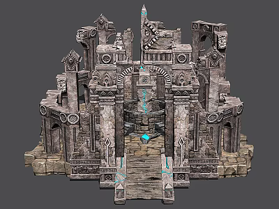 Cartoon Ancient Stone Ruins Scene With Pillars Arched Doorways And Blue Gem 3d model