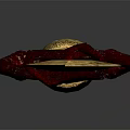 Curved Golden Blade Weapon With Red Handle And Intricate Golden Decorative Patterns