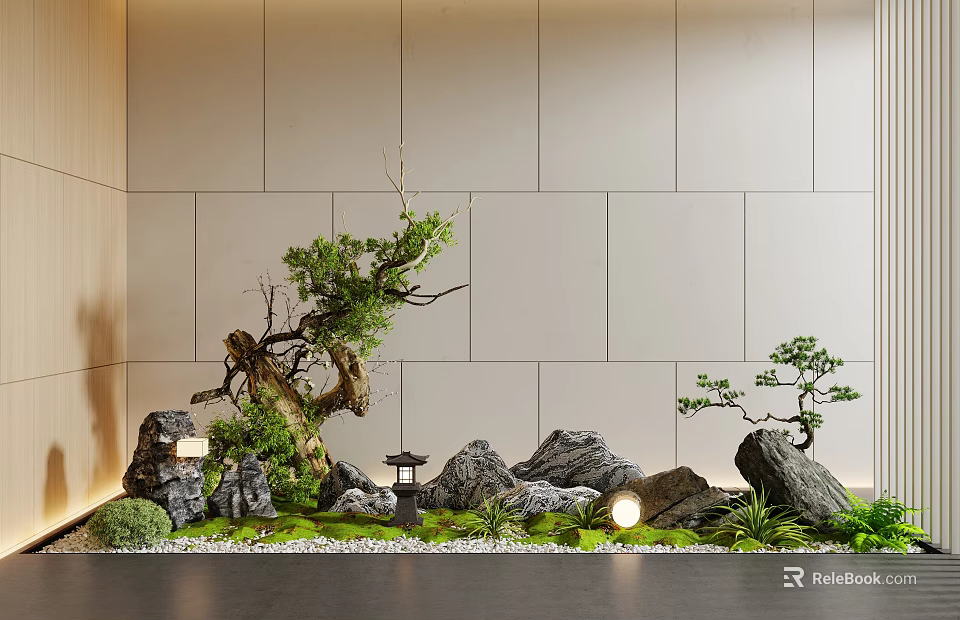 Natural Indoor Landscape With Rockery Green Plants Stones Moss And Small Lanterns 3d model 