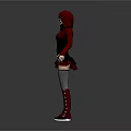 Woman in red hood white mask gray top with sniper rifle and red studded boots