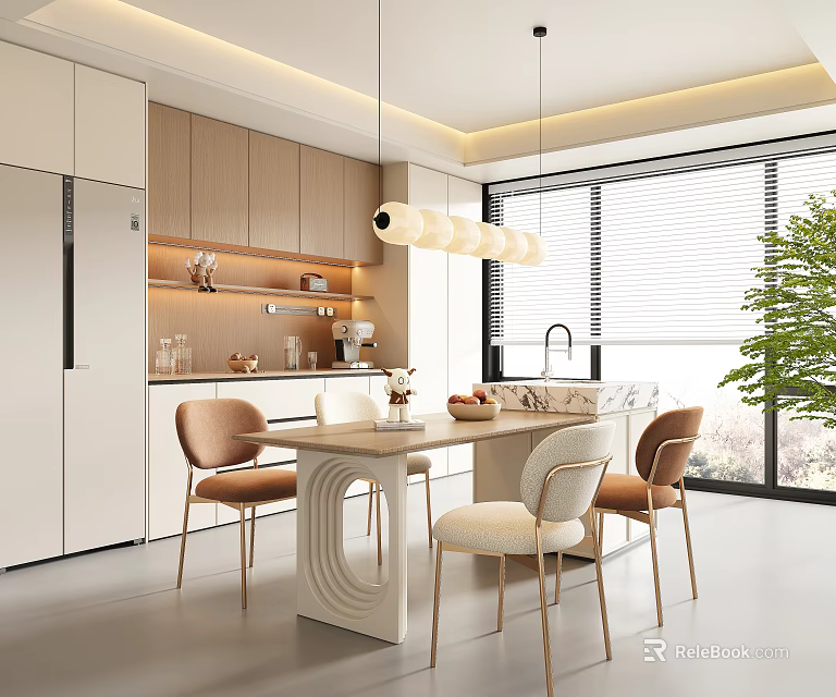 Modern Minimalist Restaurant Interior With Round Dining Table Beige Chairs Hanging Pendant Lights And Large Windows 3d model 