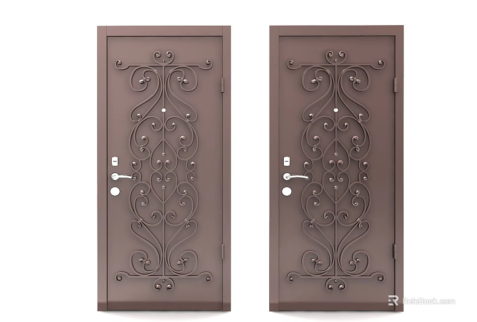 Brown Metal Swing Doors With Ornate Decorative Patterns And Door Handles 3d model 