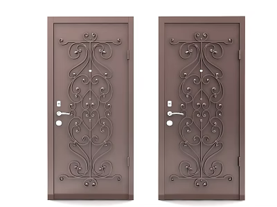 Brown Metal Swing Doors With Ornate Decorative Patterns And Door Handles 3d model