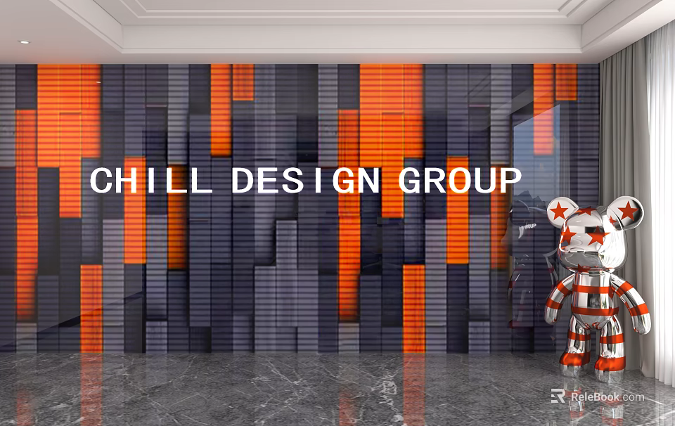 Modern Geometric Background Wall Design With Orange And Gray Square Panels 3d model