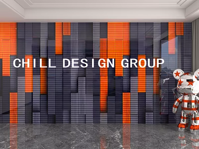 Modern Geometric Background Wall Design With Orange And Gray Square Panels 3d model