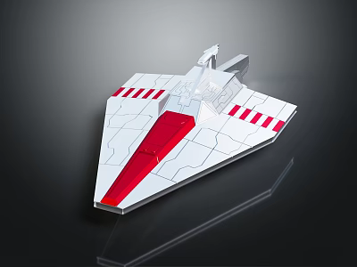 Modern White And Red Spaceship Model Featuring Angled Wings And Geometric Patterns 3d model