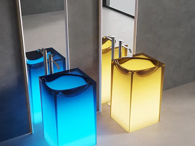 Modern Transparent Cube Lamps in Blue and Yellow With Mirror Reflections 3d model